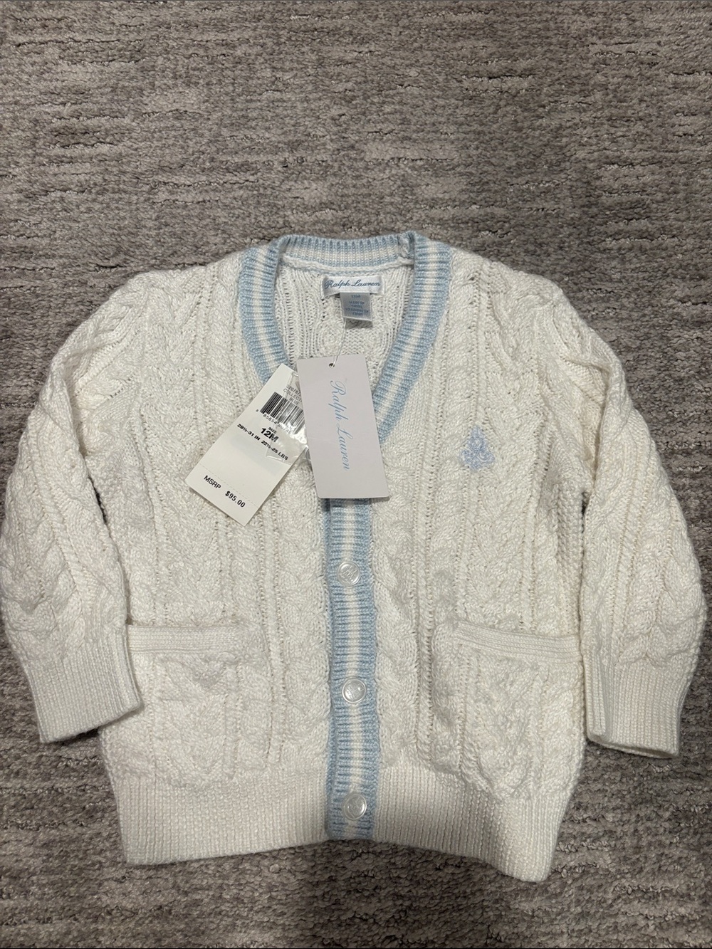 Ralph Lauren Cream Cable-Knit Cardigan with Light Blue Trim size 12 m - Picture 2 of 4